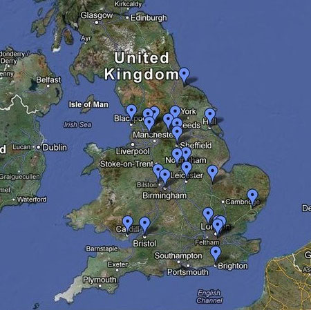 Eine England-Karte mit abgesteckten Orten