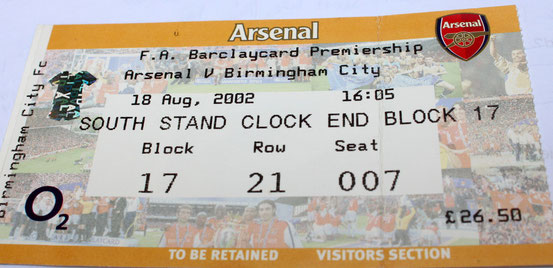 Eintrittskarte vom Spiel Arsenal gegen Birmingham aus dem Jahr 2002